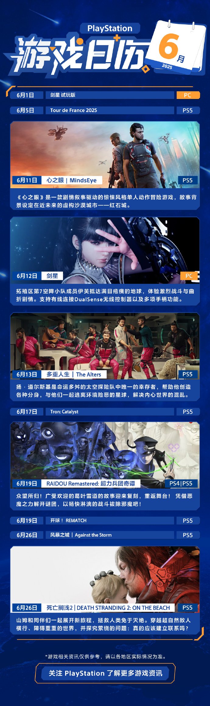 索尼PlayStation发布六月游戏日历：《死亡搁浅2》、《剑星》领衔